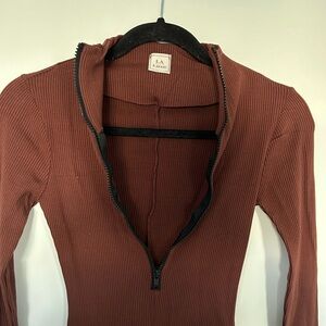 LA Brand Ribbed Brown Zip-Up Top